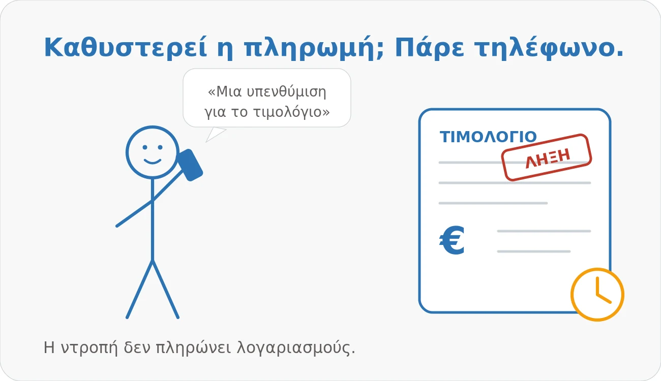 Ανθρωπάκι τηλεφωνεί για ληξιπρόθεσμο τιμολόγιο, με σφραγίδα λήξης και ρολόι που τρέχει